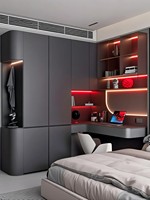 Armoire Modulaire Suspendue Flottante Personnalisée avec Bureau Intégré, Porte Coulissante en Verre Ergonomique, 5+ Tiroirs, Minimaliste, Noyer Foncé, Petite Taille