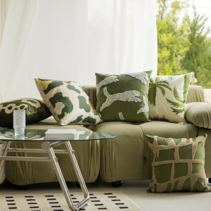 French Vintage Antique South Pacific Style Embroidery Flannel <strong>Olive</strong> <strong>Green</strong> Living Room Sofa Pillow <strong>Cushion</strong> - Product Image 1
