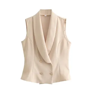 Double breasted beige color notched collar casual fashion vest waistcoat for women