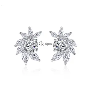 Sparkling VVS Moissanite Diamond Flower Custom White Color Stud Joyería de moda Pendientes Tornillo Volver Mujer