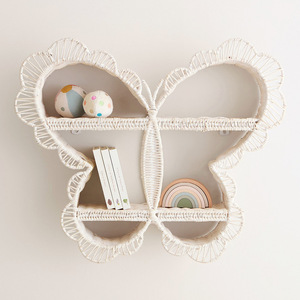 Butterfly Shaped <b>Wall</b> Shelf White Rattan 2 Tier <b>Hanging</b> <b>Storage</b> Display For Kids Room Decor - Product Image 1