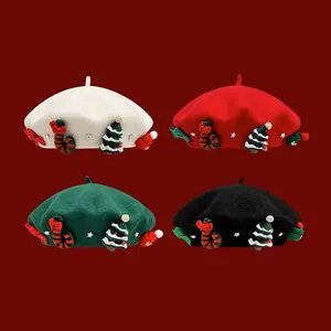 Customized Christmas elements red wool beret women's winter warm and versatile student painter beret