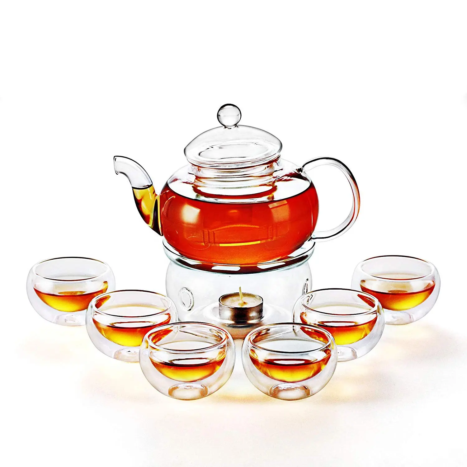 Werbe geschenk High Boro silicate Glass Tea Sets Teekanne mit Tassen und wärmeren Halter Set Fabrik Großhandels preis