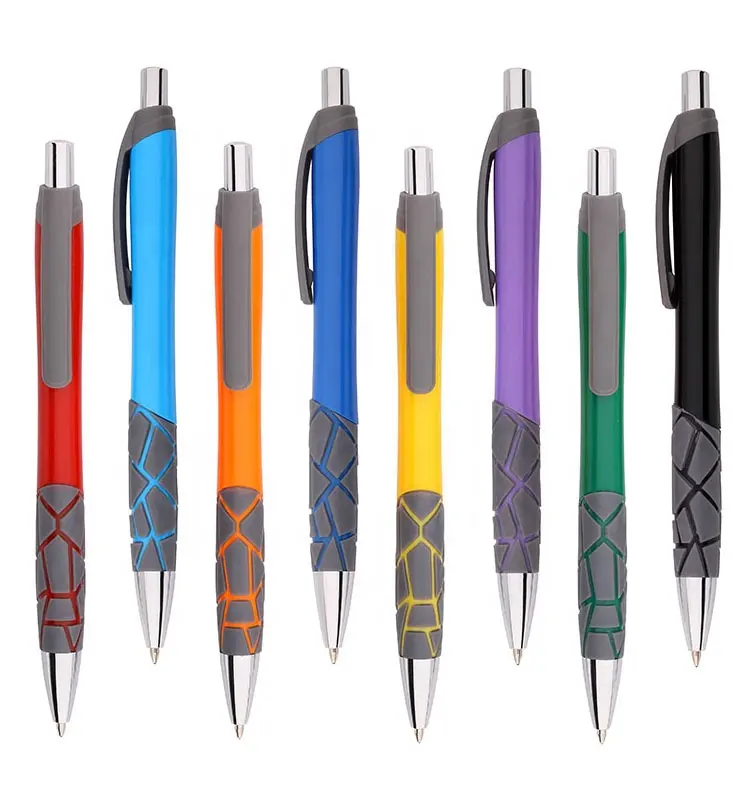 Wholesale Pen promotion business cheap solid colored gray rubber grip chromed tip plunger plastic ballpoint pen