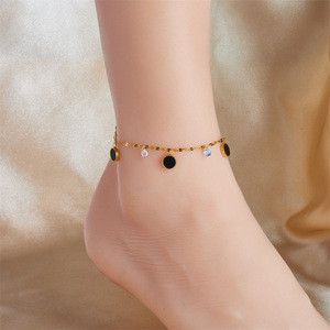 Minimalist Black Enamel Round Disc Anklet Stainless Steel Teardrop Crystal Dangle Thin Ankle Chain Gold Plated Anklets for Women - Product Image 1