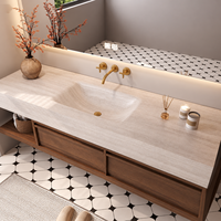 Meuble-lavabo mural moderne en bois massif multi-niveaux avec miroir intelligent et vasque intégrée pour hôtels et appartements