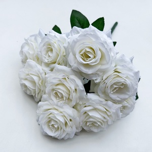 PT-R109 Nouveau <span class=keywords><strong>style</strong></span> européen, bouquet de fleurs artificielles blanches à 9 têtes, roses ivoire avec feuilles vertes - Product Image 6