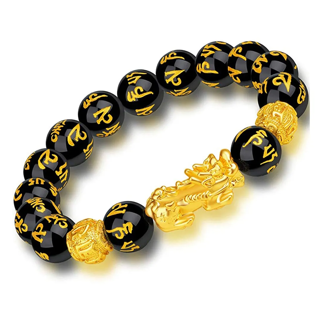 Pi Xiu gelang Feng Shui gelang Obsidian hitam, gelang batu alam keberuntungan yang dapat disesuaikan