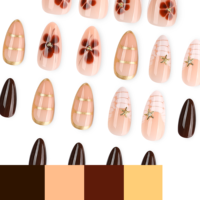 Desain Seni Kuku Prancis Cokelat Emas Mengkilap Gaya Almond Aksen Bunga untuk Salon Pesta Pernikahan Acara Fashion Kuku 4552