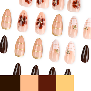 Diseño de Uñas Francesas Marrón <span class=keywords><strong>Dorado</strong></span>, Estilo Almendrado Brillante <span class=keywords><strong>con</strong></span> Acentos Florales, <span class=keywords><strong>Manicura</strong></span> para Salón, Bodas, Fiestas, Eventos, Uñas de Moda 4552 - Product Image 4