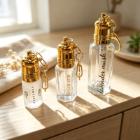 Bouteille en verre transparent octogonale de luxe avec bouchon à vis, style arabe, pour huile d'Oud Attar, avec porte-clés