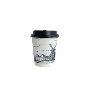Personalizado 10oz de boca ancha lápiz Sketch Village Windmill imagen impresa azul gris doble pared taza de papel con tapa para café té