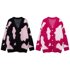 Women's <b>Cardigan</b> Pink White Color Blocking Loose Fit Single Breasted Knit Outerwear Anti Pilling Design - Product Image 3