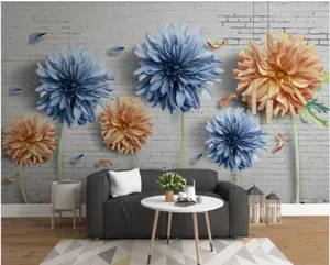 Özelleştirilmiş herhangi bir resim ve herhangi bir boyut beyaz tuğla duvar krizantem 3D çiçek özel duvar ev dekor duvar kağıdı oturma odası için