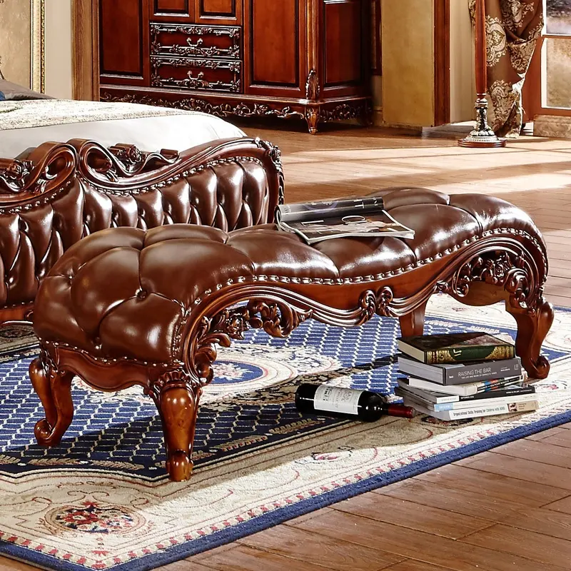 Античная мебель в колониальном стиле деревянная кровать стул из натуральной кожи антикварная кровать стул для спальни набор Классический оттоманка