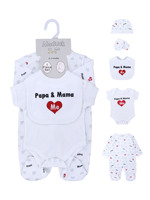 Ensemble de 5 pièces personnalisé pour nouveau-né (Maman & Papa) : Barboteuse, Bavoir, Moufles et Bonnet à manches longues – Vêtements unisexes respirants 100 % coton