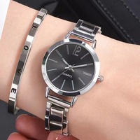 Jam Tangan Wanita Tali Baja Temperamen Fashion, Jam Tangan Quartz Wanita Trendi Sederhana Set Gelang