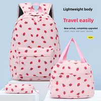 Nouveau sac à dos transfrontalier trois pièces pour filles en velours côtelé imprimé fraise, léger, durable, antivol, avec bretelles à coussin d'air