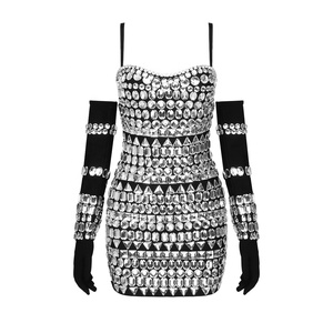 Abito da Festa di Lusso alla Moda da Donna per Club Fasciante Aderente Mini Abito Nero con Perline e Decorazione di Diamanti Vestidos - Product Image 5