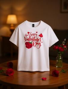 T-shirt da donna per San Valentino, manica corta, girocollo, in cotone bianco, stampa cuore di rosa, top casual primavera estate - Product Image 2