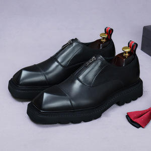 Zapatos de cuero con plataforma y cremallera de tacón alto, con tres uniones, cuero genuino, para uso formal de negocios, punta ancha, estilo retro, para hombre - Product Image 6
