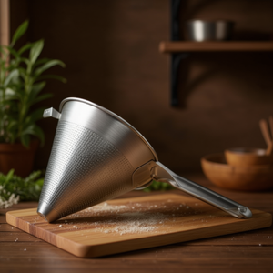 Colino conico in acciaio inox, setaccio da cucina perforato con manico per cucinare - Product Image 3