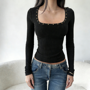 Camiseta de Manga Larga Ajustada para Mujer, Otoño 2025, Color Sólido, Cuello en V, Detalle de Remaches, Tejido Liso, Compresión, Anti-UV, Transpirable - Product Image 5