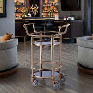 รถเข็นเครื่องดื่มทรงกลม 4 ล้อ สแตนเลส กระจกนิรภัย ดีไซน์ทันสมัย สำหรับโรงแรม ร้านอาหาร และการใช้งานในห้องอาหาร - Product Image 1