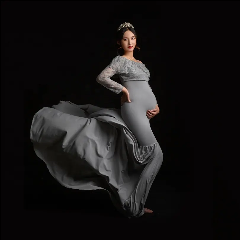 Grey Slim fit Jersey Moederschap Jurk Floor Lengte V-hals Moederschap Gown voor Fotoshoot Trouwjurk voor Fotografie