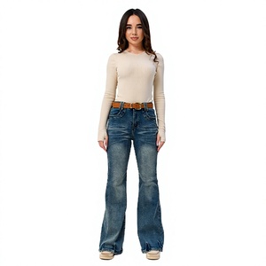Jean évasé pour femme en mélange de coton délavé moyen, taille haute, denim extensible, coupe décontractée, jambe large, style bootcut, pantalon tendance pour femme - Product Image 6