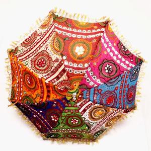 Parapluies décoratifs faits main en tissu de coton imprimé indien avec broderie miroir et franges, accessoires de photographie pour mariages et fêtes, protection solaire - Product Image 6