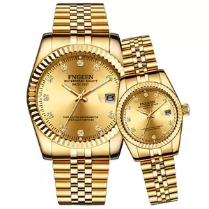 FINGERING 7008 Golden Quartz Watches Men Women Wrist Business Wristwatches Stainless steel Montre Date Casual Quartz Watch