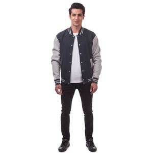 Men's Casual Winter Warm Windbreaker Jacket Custom Embroidery Logo Baseball Varsity Style <b>Leather</b> Sleeves Lined Wool Fabric Coat - Product Image 1