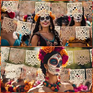 Bannière de fête du Jour des Morts mexicain avec motif de crâne, en tissu non tissé, forme rectangulaire - Product Image 3