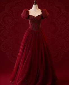 S0232Y 2026 Nuovo Abito da Sera/Festa da Donna Rosso Lungo fino al Pavimento, Linea ad A, in Tulle, con Maniche a Sbuffo e Scollo a Cuore - Product Image 1