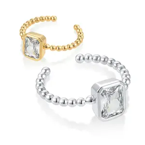 Square Zircon Diamond Gemstone Rings Beaded 925 Sterling Silver Ring