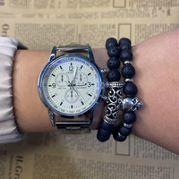 Ensemble de montre et bracelet pour homme en alliage et titane, bleu clair, trois aiguilles, style décontracté, classique, minimaliste, 3 pièces