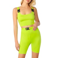 Ladies Biker Short Set Neon Lime Buckle Strap Tank and Cycling Shorts with Knee Length Print Skinny Fit