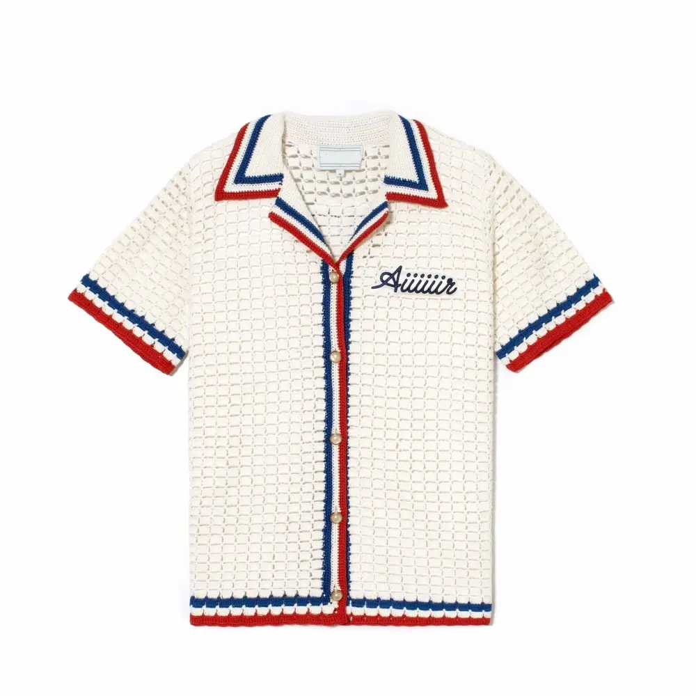 Custom summer cotton logo knit short sleeve button down men plus size knitwear soft knitted top crochet shirts