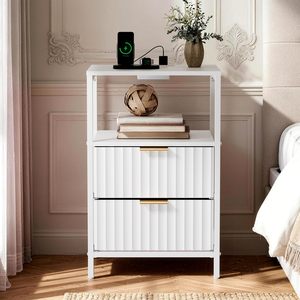 Table de chevet SENYU style farmhouse avec armoire de rangement ouverte, 2 tiroirs et station de charge, meubles de chambre à coucher - Product Image 1