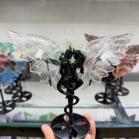 En gros, Ornement en cristal naturel mélangé, Ailes d'ange et de démon pour couple, Statue d'ailes en pierre brute, Support de présentation en métal noir