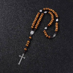 Chapelet catholique brun en bois <span class=keywords><strong>Komi</strong></span>, Vierge Marie avec médaille en terre, croix de Jésus, <span class=keywords><strong>corde</strong></span> tressée avec fermoir, collier, bijoux religieux - Product Image 2