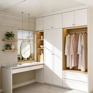 Armoire moderne sur mesure Balom, meubles de chambre à coucher blancs avec zone de rangement ouverte et design de coiffeuse intégrée - Product Image 1