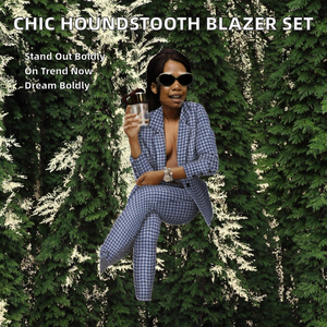 Traje de Blazer Corto Informal de Verano para Mujer, Estilo Oficina, Estampado de Pata de Gallo, Cuello en V, Conjunto de 2 Piezas, Decoración de Botones, 100% Nailon - Product Image 2