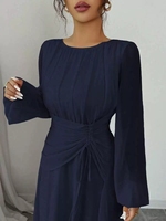 Robe longue décontractée plissée en mousseline de soie pour femme, col rond, manches longues bouffantes, couleur unie, coupe trapèze ajustée avec cordon de serrage à la taille, collection printemps