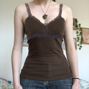 Lace Trim Knit Camisole V Neck Tank Top Women <b>Spaghetti</b> <b>Strap</b> Slim Fit Y2K Retro Casual Versatile Summer Top - Product Image 1