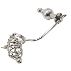 Stainless Steel Male Chastity Device Penis Lock Cock Cage with Anal Plug