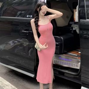 Blue Sleeveless Bodycon Midi Dress With Slit Scoop Neck Natural Waistline Solid Color Cocktail Dress For Women - Product Image 2