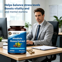 Complément Alimentaire Biologique à Base de Plantes OEM Rhodiola Rosea en Capsules Végétariennes pour le Stress, l'Énergie, l'Humeur, la Vitalité Quotidienne et la Détoxification
