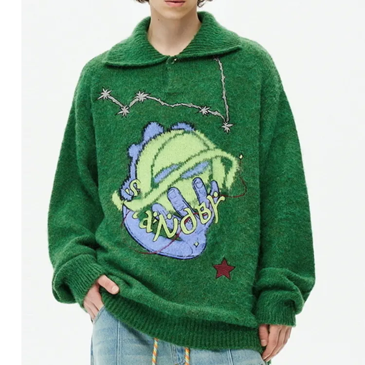 Customizable OEM Man Turtle Neck Knitted Sweater Mohair Mens Knit Polo Pullover Sweater Jacquard Winter Sweater